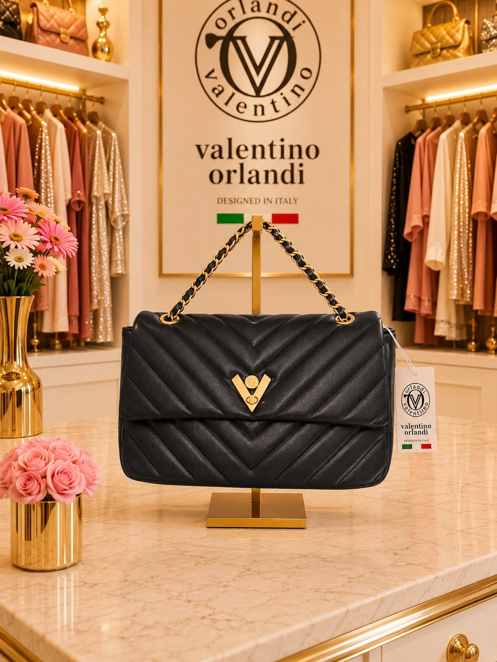 Brand New - Valentino Orlandi Black Quilted Shoulder Bag w Gold Chain Strap